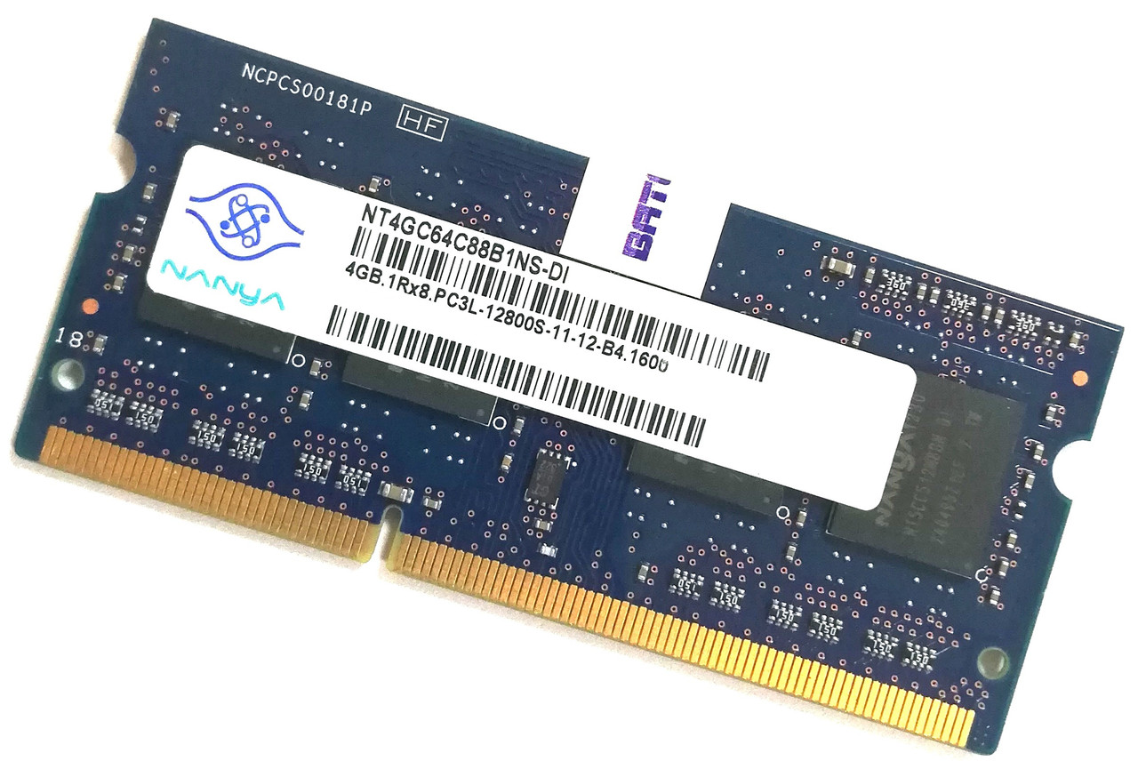 Оперативна пам'ять для ноутбука Nanya SODIMM DDR3L 4Gb 1600MHz PC3L-12800s 1R8 CL11 (NT4GC64C88B1NS-DI) Б/В