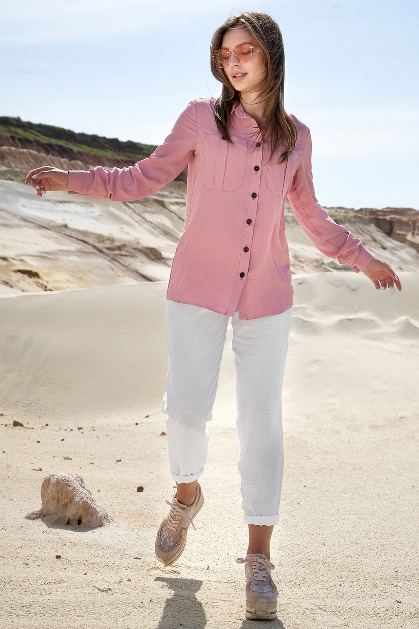 Женская рубашка летняя коттоновая с длинным рукавом 42-48 размеры розовая - фото 2 - id-p1199702386