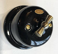Ретро выключатель фарфоровый поворотный 1-клавишный проходной черный, фурнитура дерево, бронза, хром