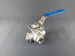 Кран кульовий триходовий муфтовий DN10 (3/8") н/ж сталь AISI304, Ру63 (1000 PSI), L-порт, майданчик під привід