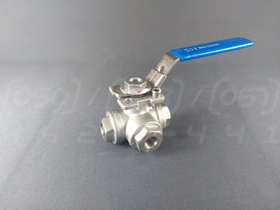 Кран кульовий триходовий муфтовий нержавіючий DN8 (1/4"), н/ж сталь AISI304, Ру63, площадка під привід, Т-порт