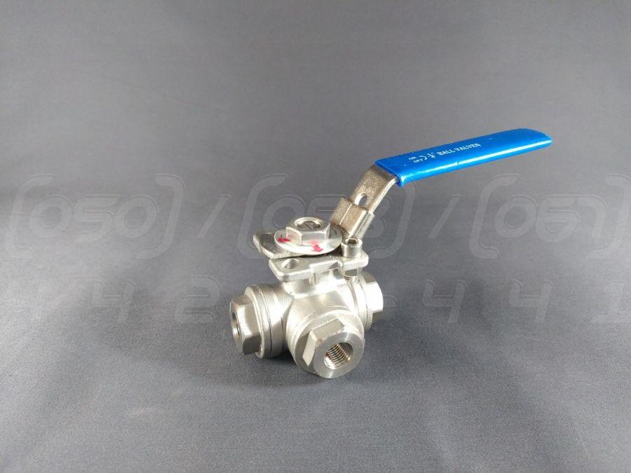 Кран кульовий триходовий муфтовий DN8 (1/4") нержавіючий, н/ж сталь AISI304, Ру63, майданчик ISO 5211, Г-порт