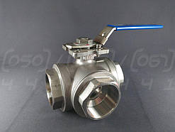 Кран кульовий триходовий DN50 (2") муфтовий н/ж сталь AISI304, Ру63 (1000 PSI), майданчик, Т-порт