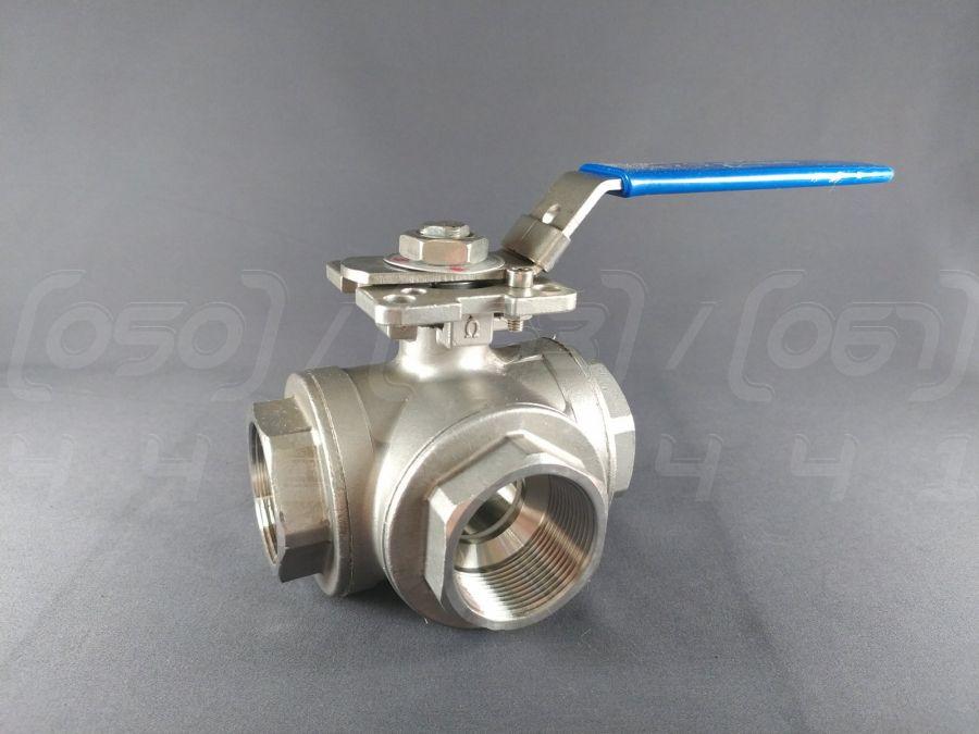 Кран кульовий триходовий муфтовий DN40 (1"1/2) нержавіючий, н/ж сталь AISI304, Ру63, площадка, Т-порт, фото 1