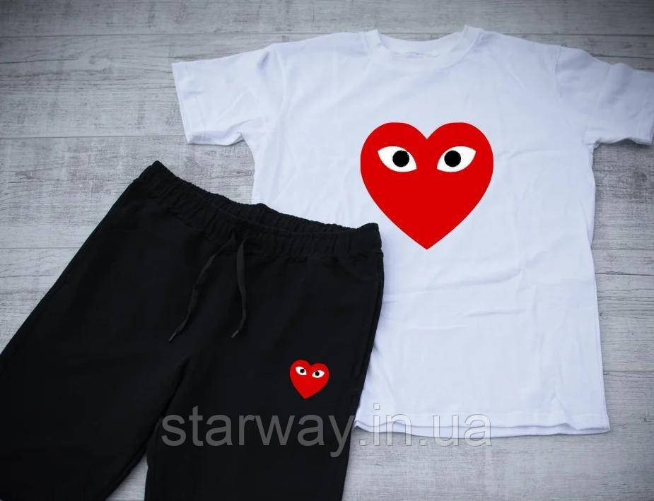 Літній комплект біла футболка та чорні шорти cdg | comme des garcons