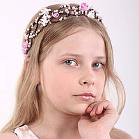 Вінок з квітами та кришталевими намистинами Тіара Діадема гілка прикраса для волосся біло-рожевий на коричневому