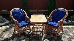 Комплект плетених меблів із лози в наборі з м'якими подушками синього кольору 2 крісла + стіл