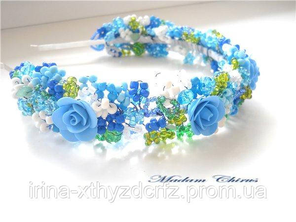 Блакитний обруч для волосся з бісеру, намистин, блакитних троянд із полімерної глини для дівчат, фото 1