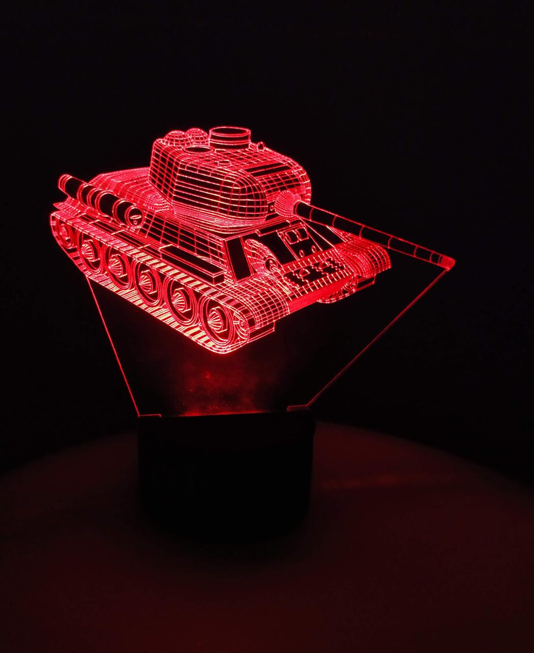 3d-світильник Танк Т-34-85, 3д-нічник, кілька підсвічувань (батарейка+220В), фото 1