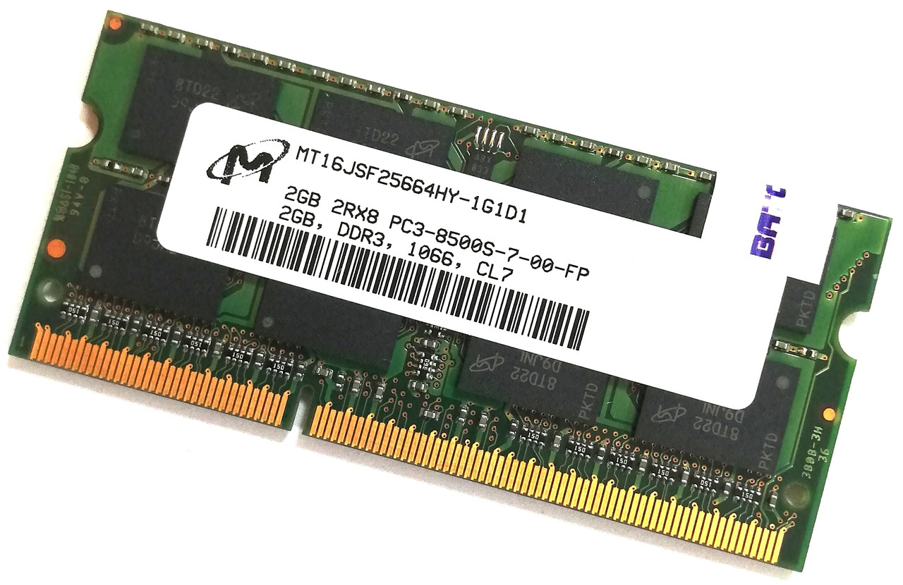 Оперативна пам'ять для ноутбука Micron SODIMM DDR3 2Gb 1066MHz 8500s 2R8 CL7 (MT16JSF25664HY-1G1D1) Б/В