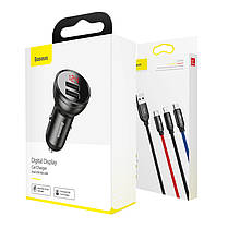 Адаптер автомобільний BASEUS Digital Display Dual USB, 2USB, 4.8 A, 24W з кабелем, чорний, фото 5