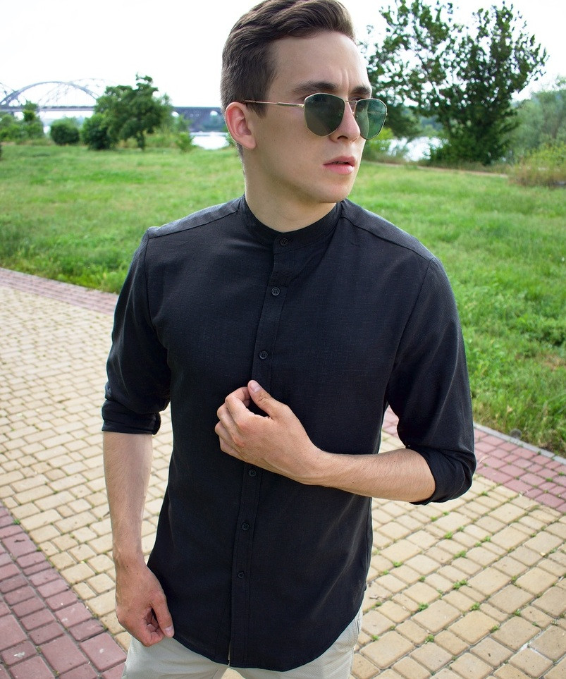 Чоловіча сорочка бавовна (льон) приталені з довгим рукавом, чорна Туреччина. Живе фото, фото 1
