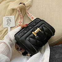 Модная маленькая женская сумка. Сумка женская стильная с текстильным ремешком. Сумочка из экокожи (черная)
