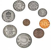 Швеция набор из 9 монет 1968-1976 AU-UNC 1, 2, 5, 10, 25, 50 эре, 1, 2, 5 крон