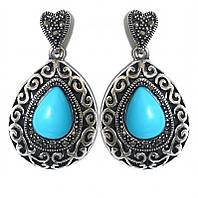 Сережки Fashion Jewelry. Під крапельне срібло. Камені: бірюзовий агат та гематит. Довжина: 39 мм. Ширина: 22 мм.