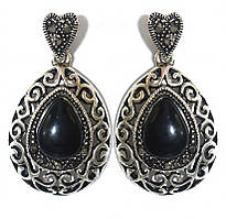 Сережки Fashion Jewelry. Під крапельне срібло. Камені: чорний агат та гематит. Довжина: 39 мм. Ширина: 22 мм.