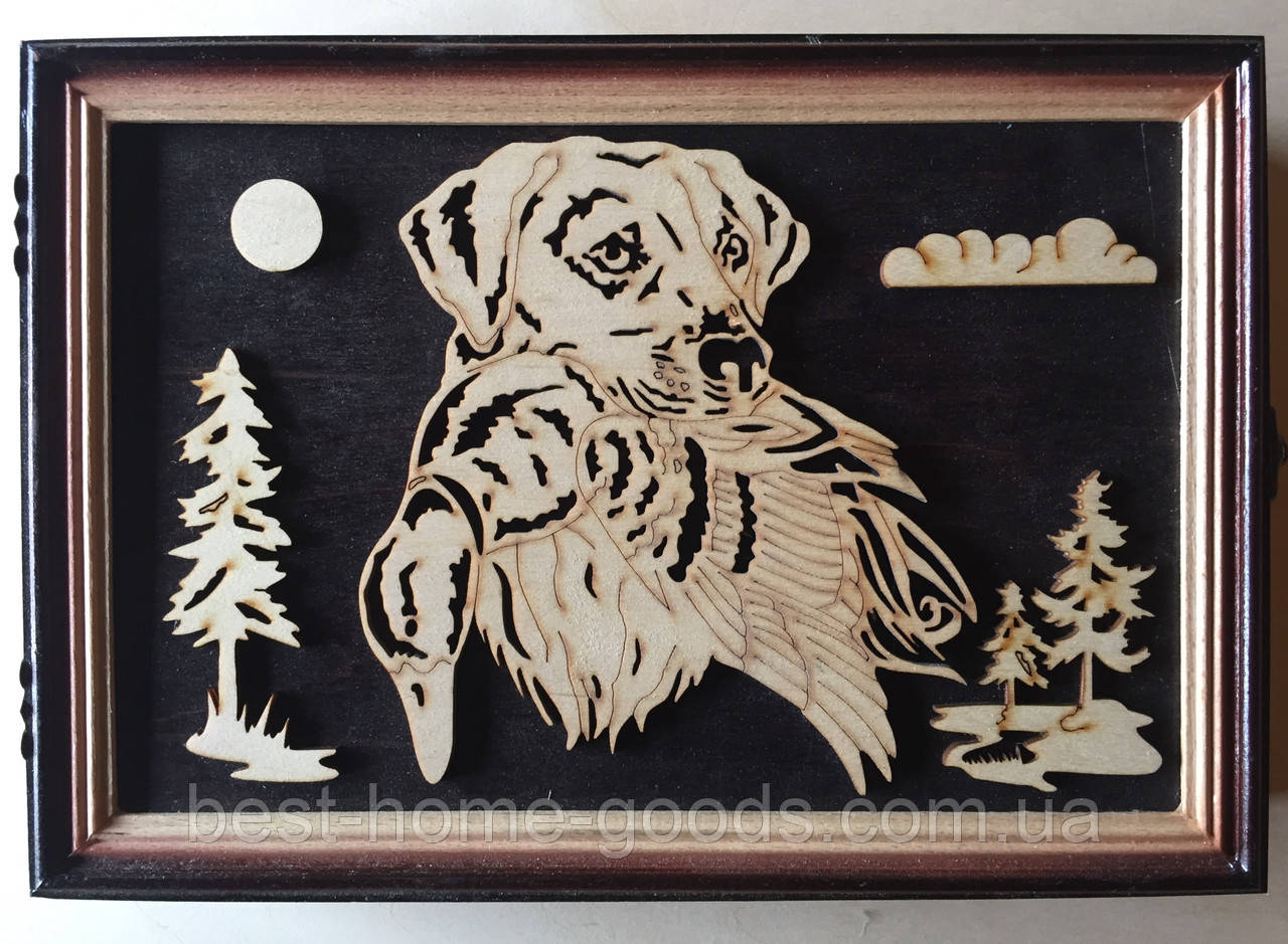 Дерев’яна настінна ключниця ручної роботи на 15 гачків з випаленим собакою | Органайзер для ключів з дерева | Ключниця з дверцятам, фото 1