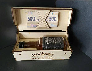Шкатулка дерев’яна, конверт для грошей з дерева Jack Daniels (з пляшкою 50мл)