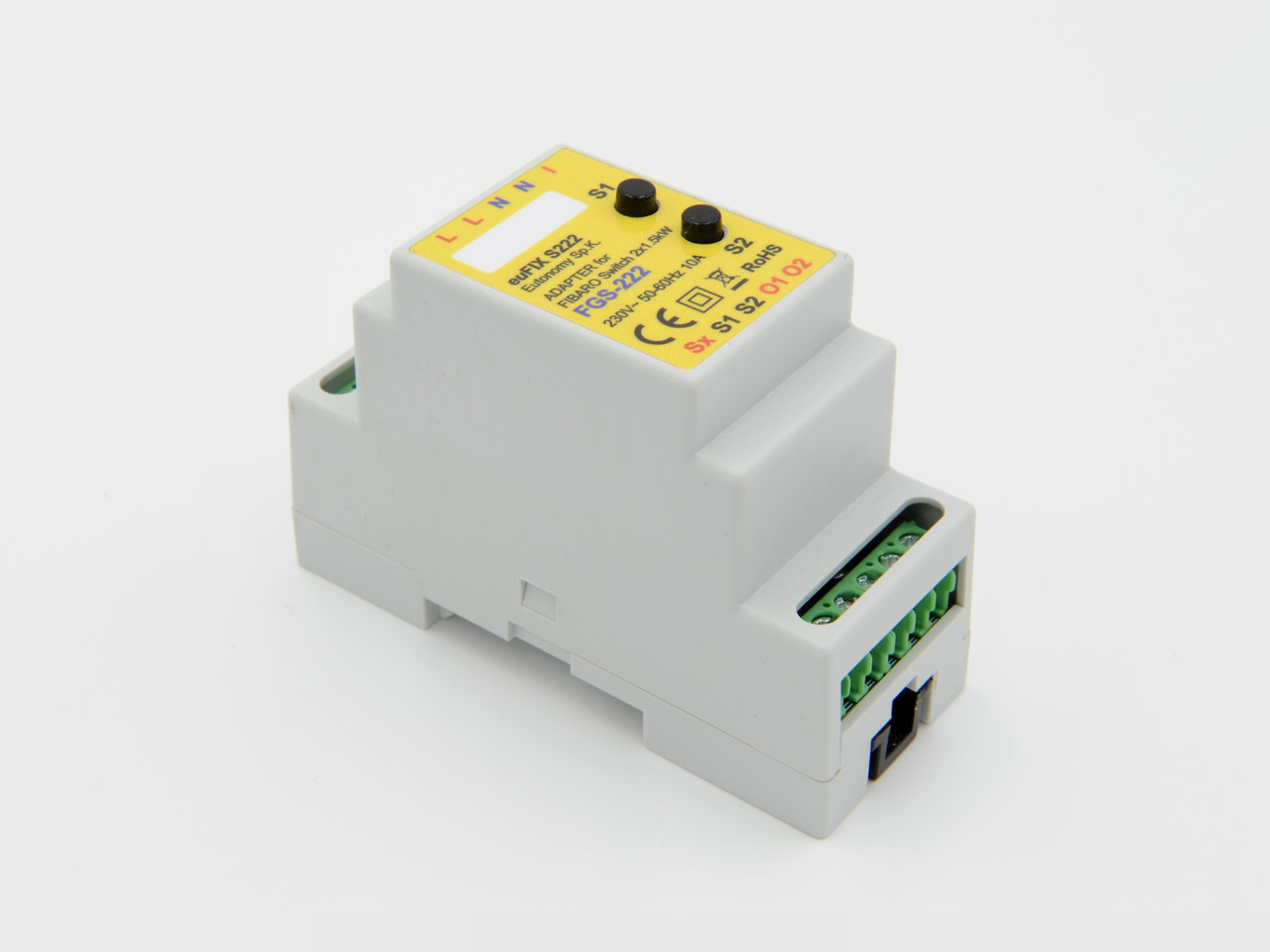 Адаптер на DIN рейку Eutonomy для модуля FIBARO Relay Switch 2х1,5 kW — euFIX S222 DIN adapter (з кнопкою)