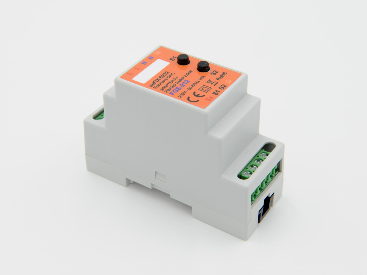 Адаптер на DIN рейку Eutonomy для модуля FIBARO Relay Switch 2,5 kW — euFIX S212 DIN (з кнопкою)