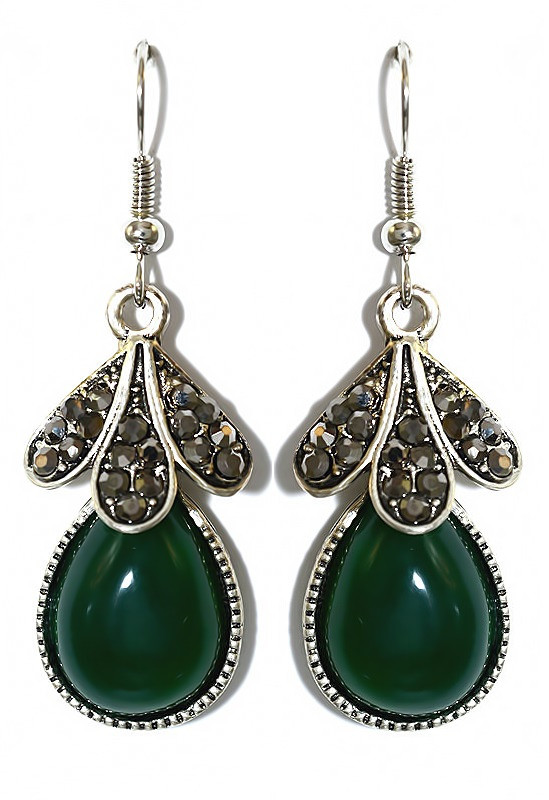 Сережки Fashion Jewelry. Під крапельне срібло. Камені: зелений агат та гематит. Довжина: 48 мм. Ширина: 16 мм.