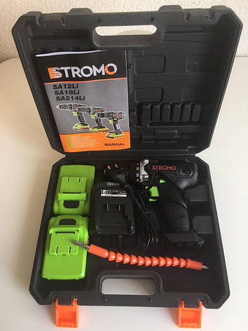 Шуруповерт акумуляторний Stromo SA - 18 PRO Extra з гнучким валом в кейсі, фото 1