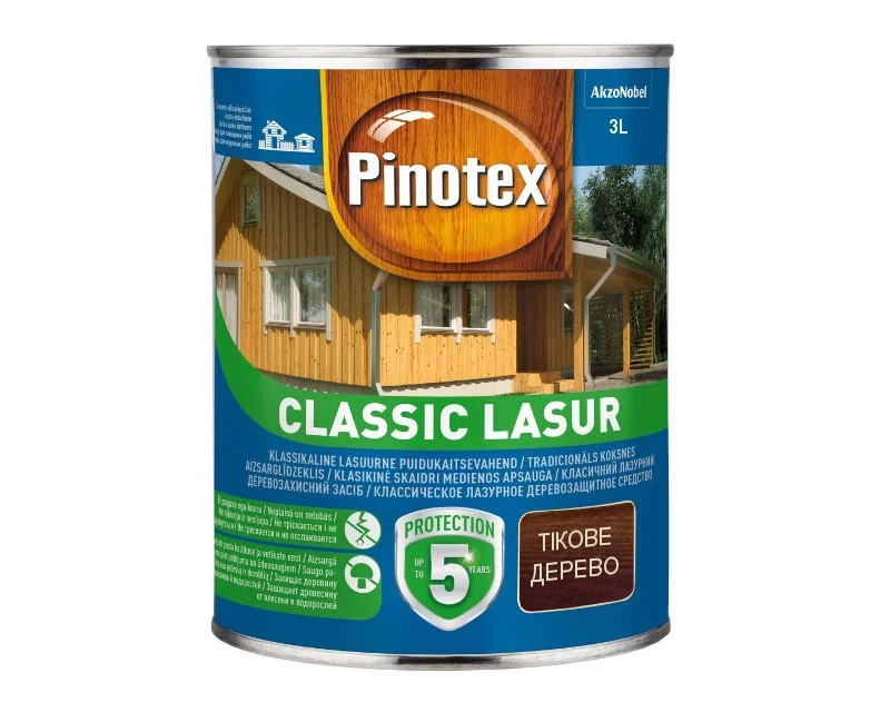 Лазурь-лак антисептический PINOTEX CLASSIC LASUR для древесины матовый тиковое дерево 3л - фото 2 - id-p1201963701