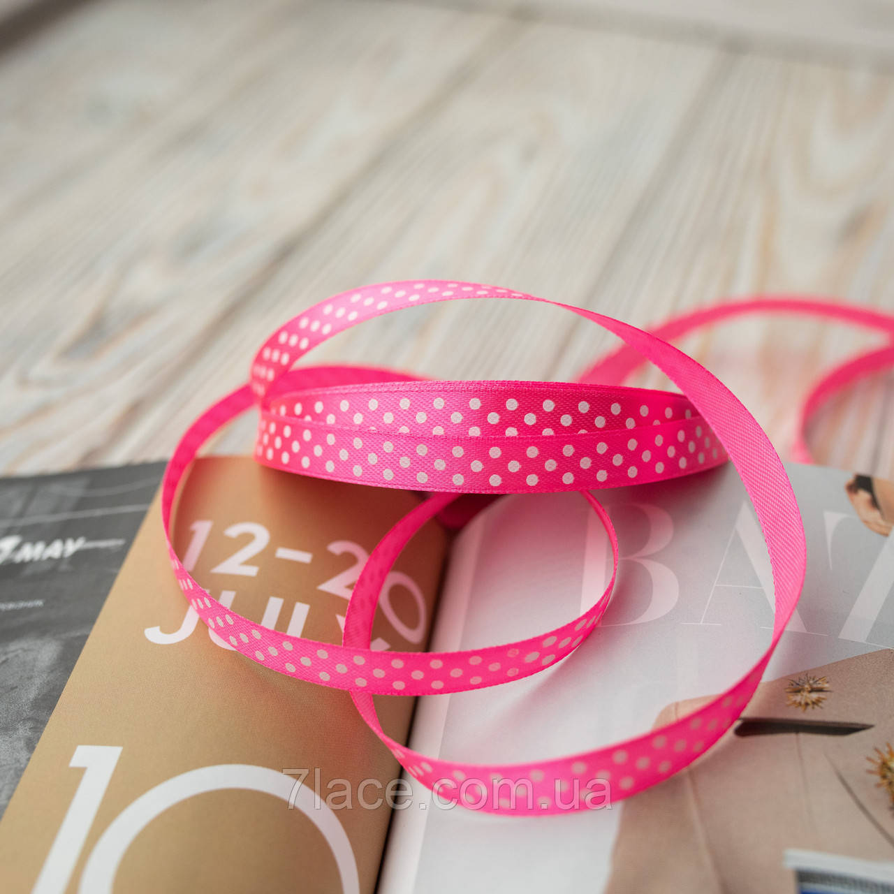 Стрічка атласна в горошок/колір малиновий/ширина 1,0 см/бобіна 23 м, фото 1