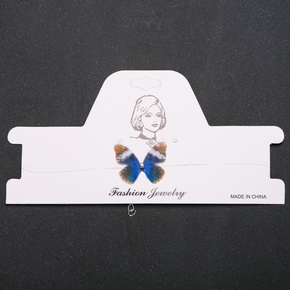 Чокер на невидимій волосіні Метелик ( органза ) бежево-блакитна d-33х27мм L-32-38см, фото 1