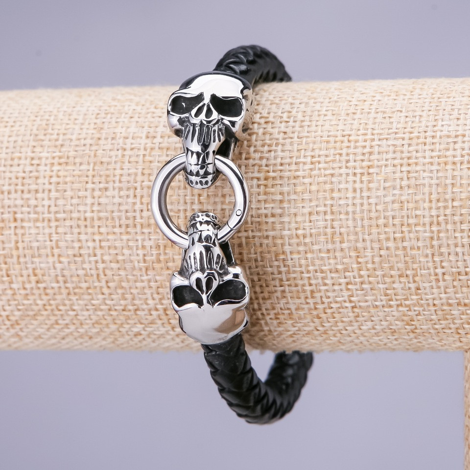 Браслет Черепа L-21см s-15мм еко шкіра чорна, фото 1