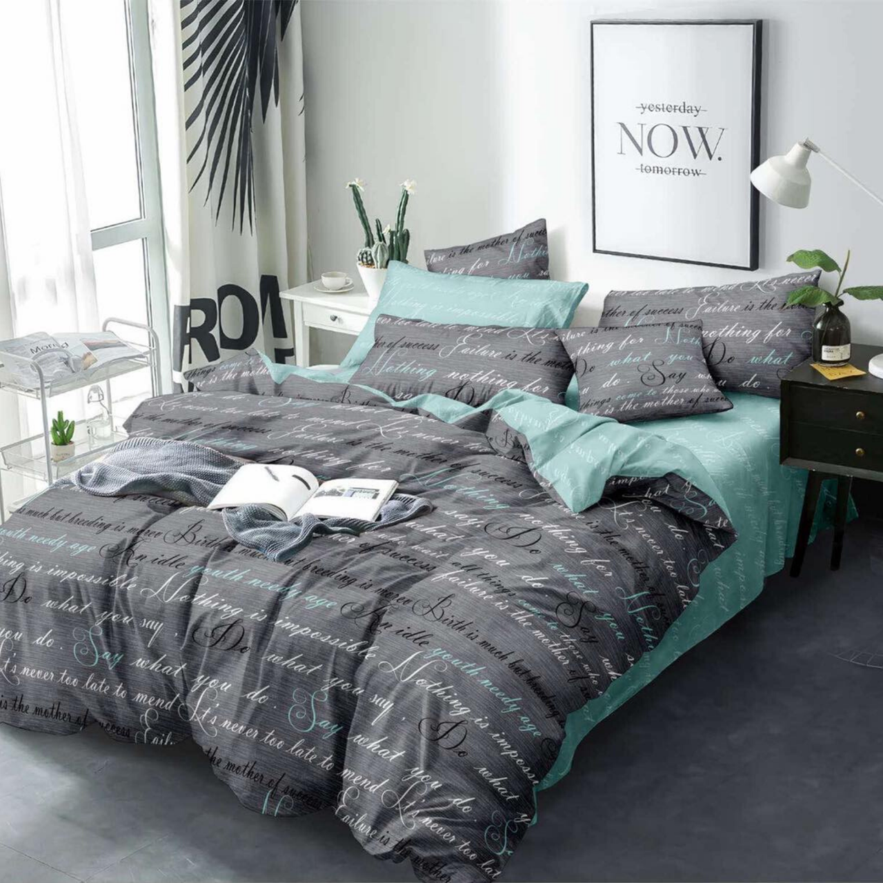 Підковдра на блискавці 145х215 (Бязь)  | Полуторна підковдра від виробника "Королева Ночі"  | Напис на сірому та бірюзовому, фото 1