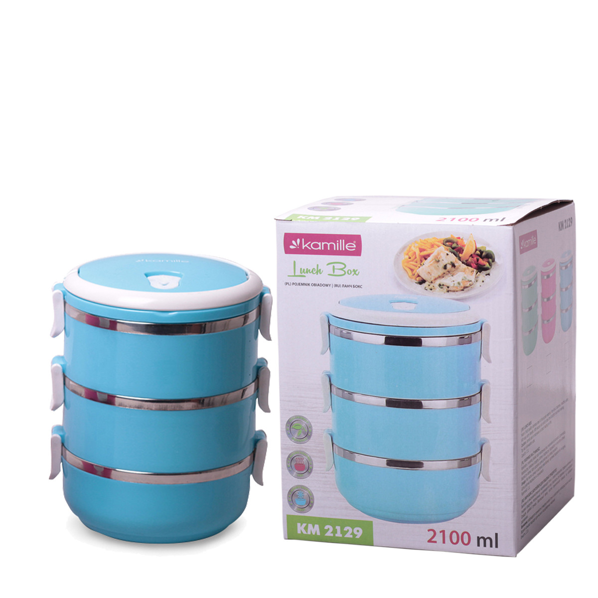 Ланч бокс обідній потрійний Kamille Блакитний 2100мл KM-2129, фото 1