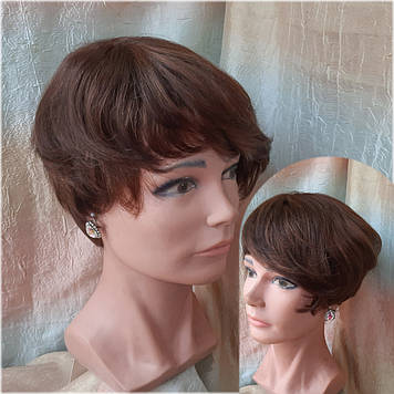 Перука коротка з натурального волосся асметричне боб-каре світло-каштановий мікс GLORIA-4/30