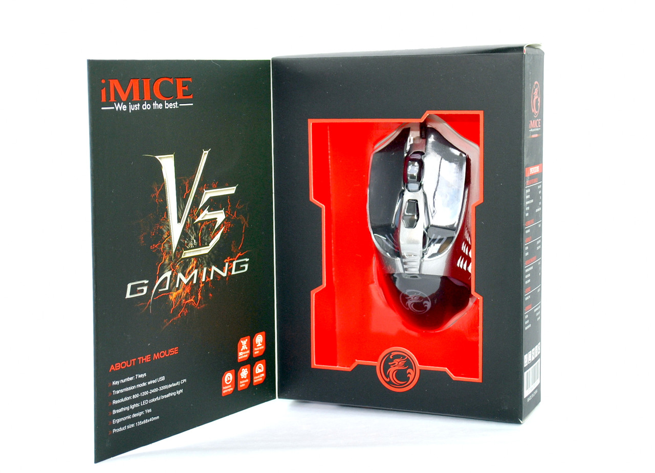 Миша комп'ютерна провідна V5 чорно / сіра (Imice, ігрова, 3D, 800-4000сpi, Led, тканинний шнур)