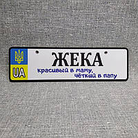 Номер на коляску сына с его именем. "Красивый в маму, чёткий в папу" (Герб UA)