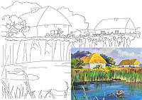 Полотно на картоні з контуром, Пейзаж № 18, 30*40, бавовна, акрил, ROSA START GPA283818