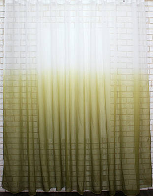 Тюль розтяжка "Омбре" на батисті (під льон) з обтяжувачем, колір оливковий з білим. Код 516т