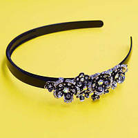 Обруч для волосся, чорний пластик, сріблястий метал, стрази, ширина 12 мм