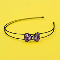 Обруч зі стразами, чорний метал, стрази рожеві, бант, ширина 12 мм