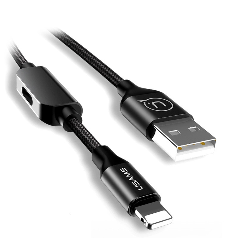 Кабель синхронізації Usams IPhone 1.2m 2в1 нейлоновий, з роз'ємом для навушників чорний (US-SJ195-BL)