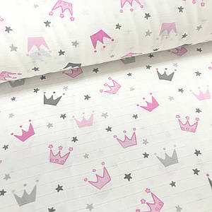 Тканина муслін Двошарова корона сіро-рожеві із зірочками на білому (шир. 1,8 м) (MS-F-0265)