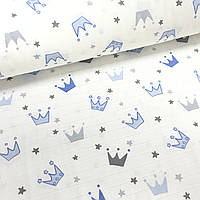 Ткань муслин Двухслойная короны серо-голубые с звездочками на белом (шир. 1,8 м) (MS-F-0025)
