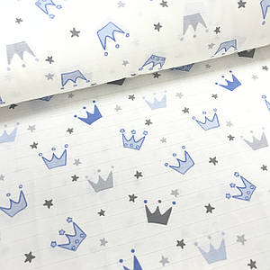 Тканина муслін Двошарова корони сіро-блакитні із зірочками на білому (шир. 1,8 м) (MS-F-0025)