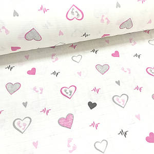 Тканина муслін Двошарова сердечка сіро-рожеві на білому (шир. 1,8 м)