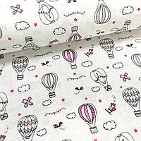 Ткань муслин Двухслойная нарисованные воздушные шары с самолетиками розовые на белом (шир. 1,8 м) (MS-F-0026)