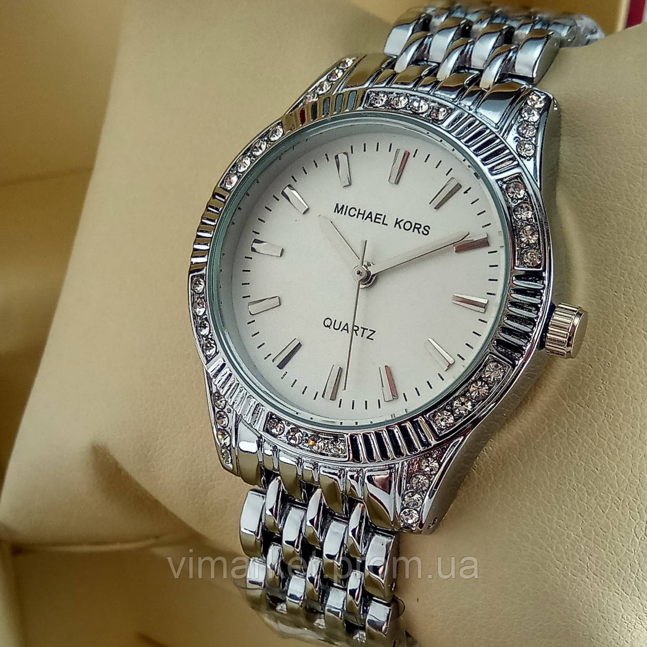 Жіночі кварцові наручні годинники Michael Kors MK-A152 на металевому браслеті срібного кольору білий цифербл
