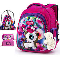 Школьный рюкзак (ранец) с ортопедической спинкой с мешком и пеналом розовый для девочки Winner для начальной