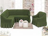 МНОГО ОТТЕНКОВ! Чехол на угловой диван + 1 кресло с оборкой юбочкой рюшами, хлопок, зеленый, Турция