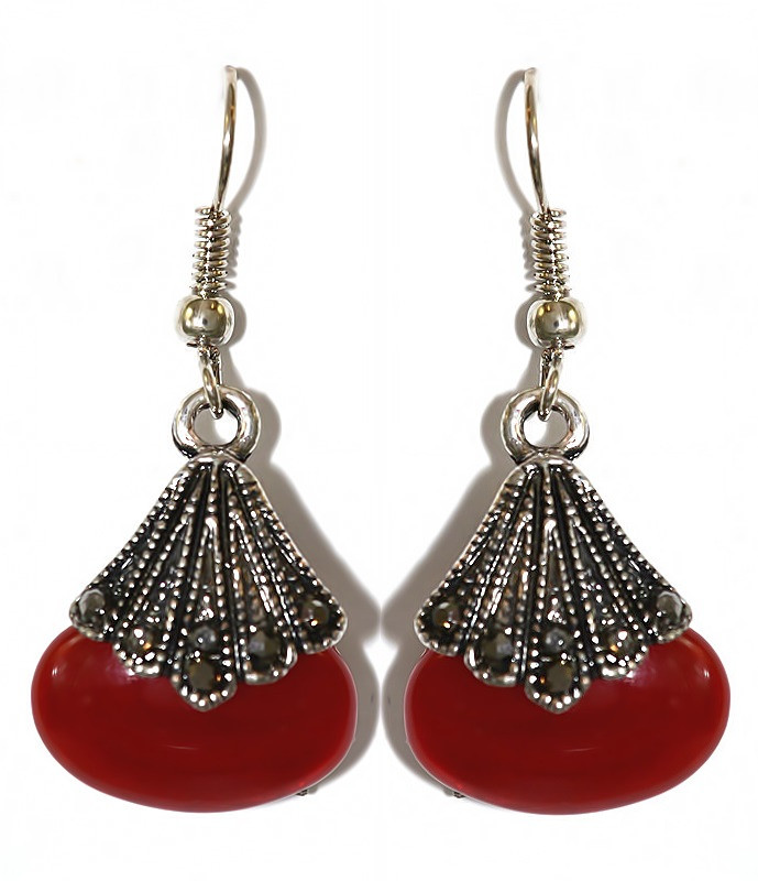 Сережки Fashion Jewelry. Під крапельне срібло. Камені: бордовий агат та гематит. Довжина: 43 мм. Ширина: 19 мм.