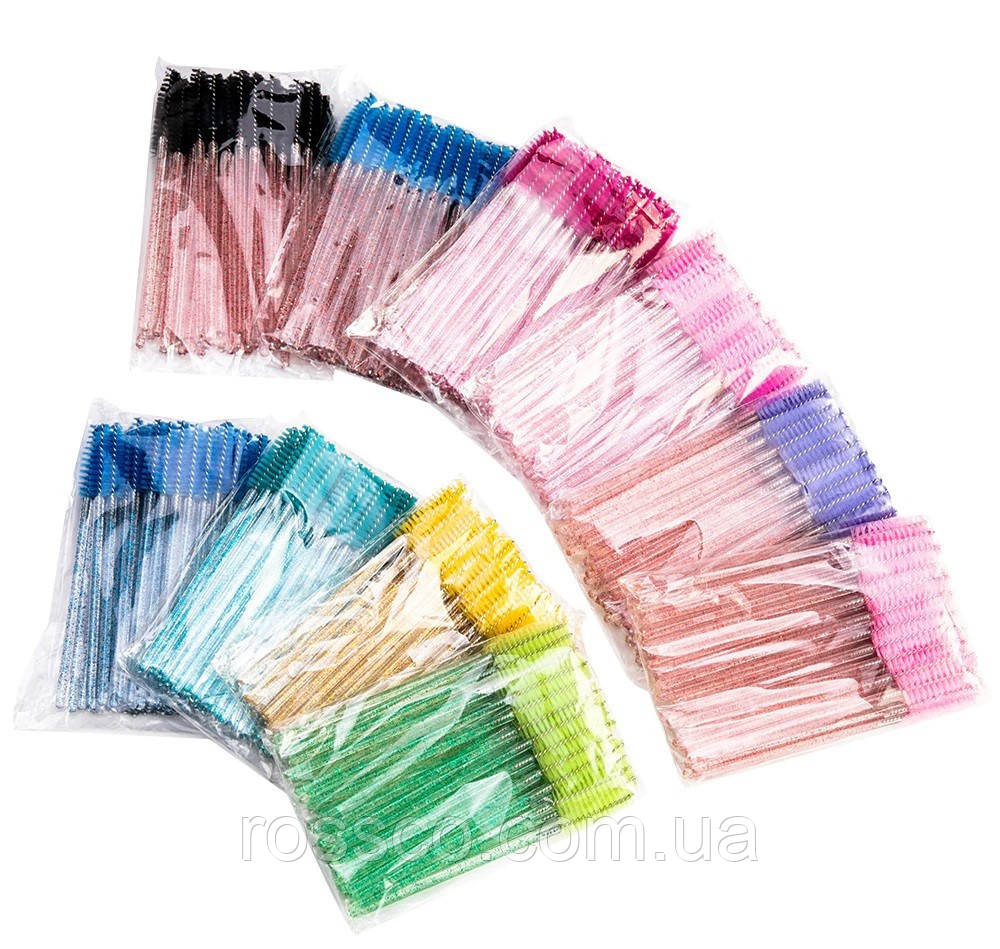 Щетки для ресниц и бровей блестящая розовая ножка, цвет ворса Синий, 50 шт в упаковке - фото 3 - id-p1203836739